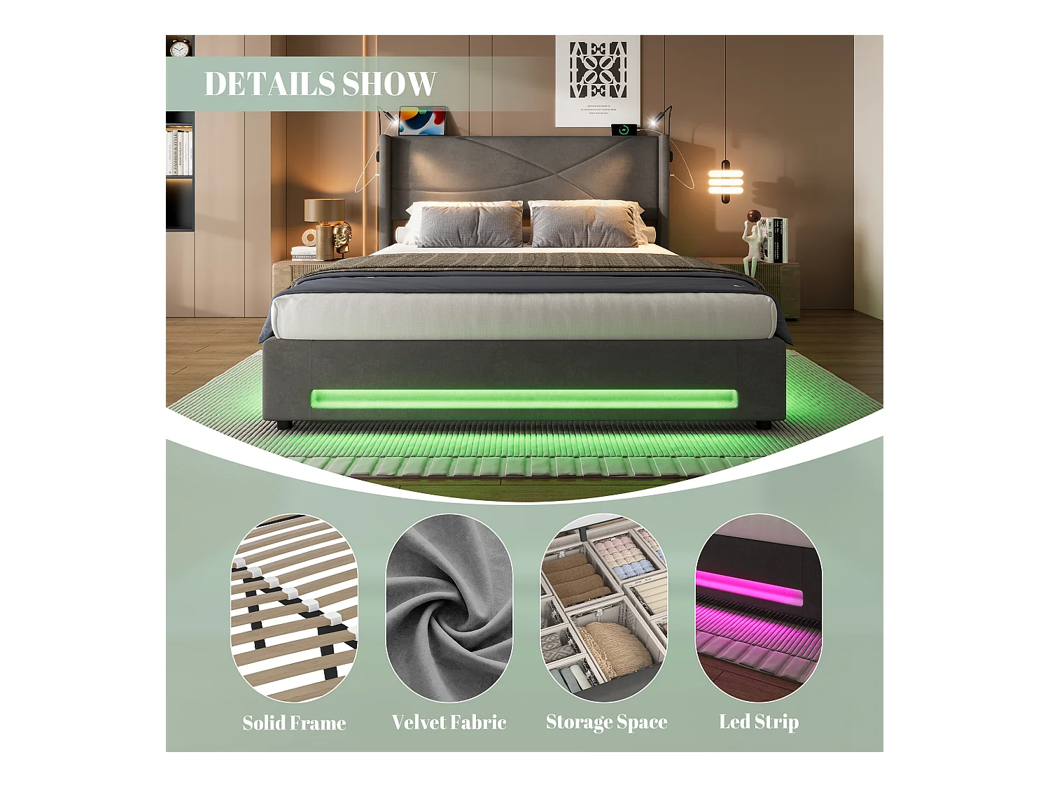 Lit Coffre 160×200 cm - Lit  Rembourré en Velours Gris – Motif Matelassé en Lignes - Lampe de Lecture + LED/USB – Coffre Hydraulique – Style Contemporain