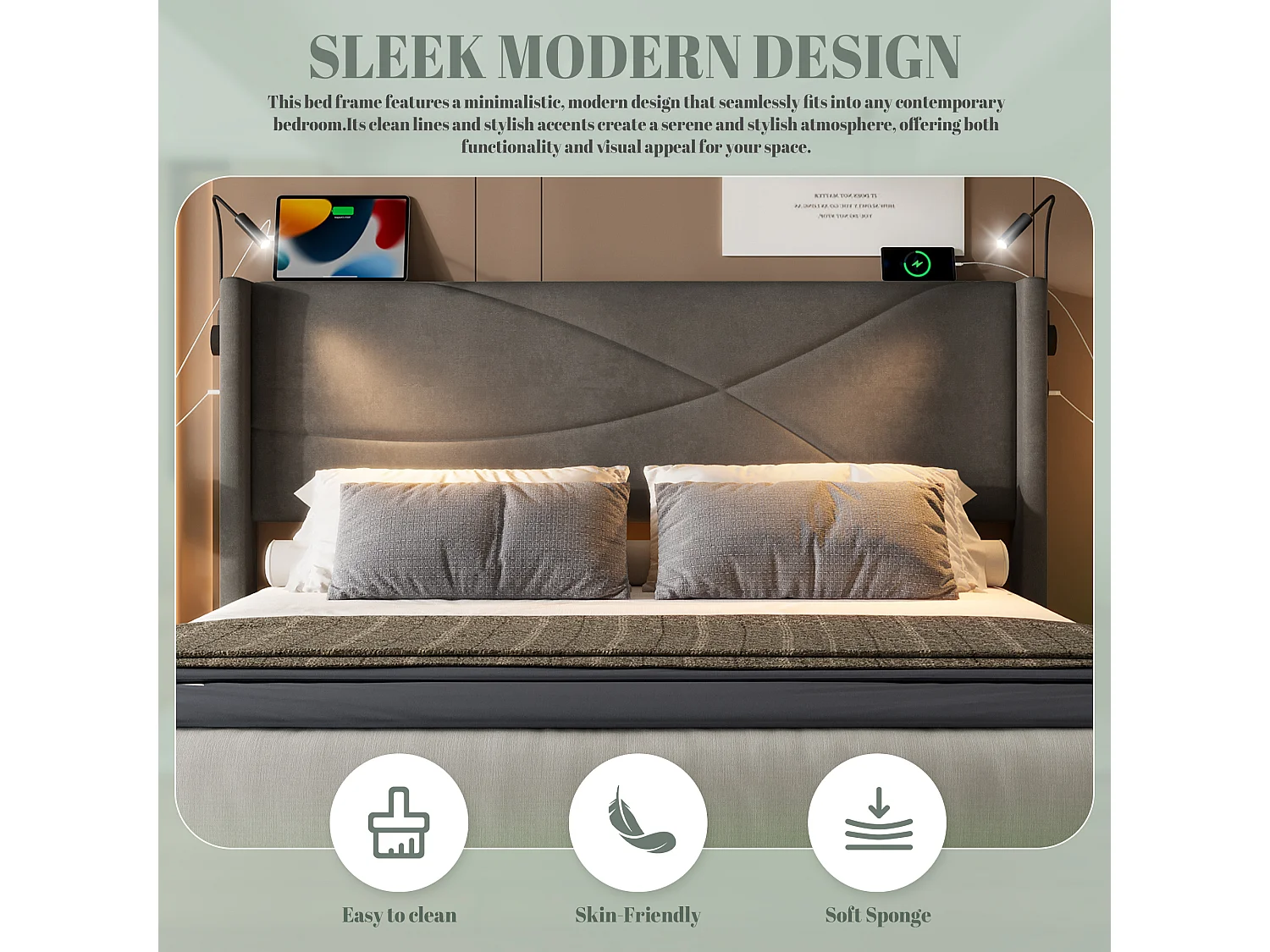 Lit Coffre 160×200 cm - Lit  Rembourré en Velours Gris – Motif Matelassé en Lignes - Lampe de Lecture + LED/USB – Coffre Hydraulique – Style Contemporain