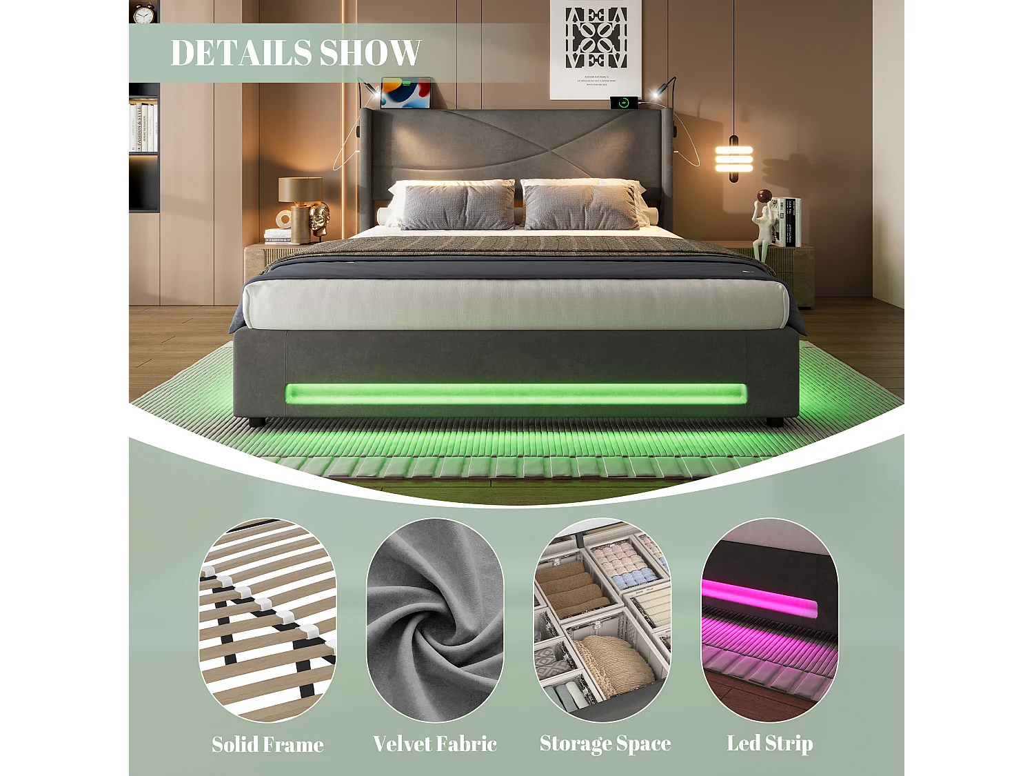 Lit Coffre 160×200 cm - Lit  Rembourré en Velours Gris – Motif Matelassé en Lignes - Lampe de Lecture + LED/USB – Coffre Hydraulique – Style Contemporain