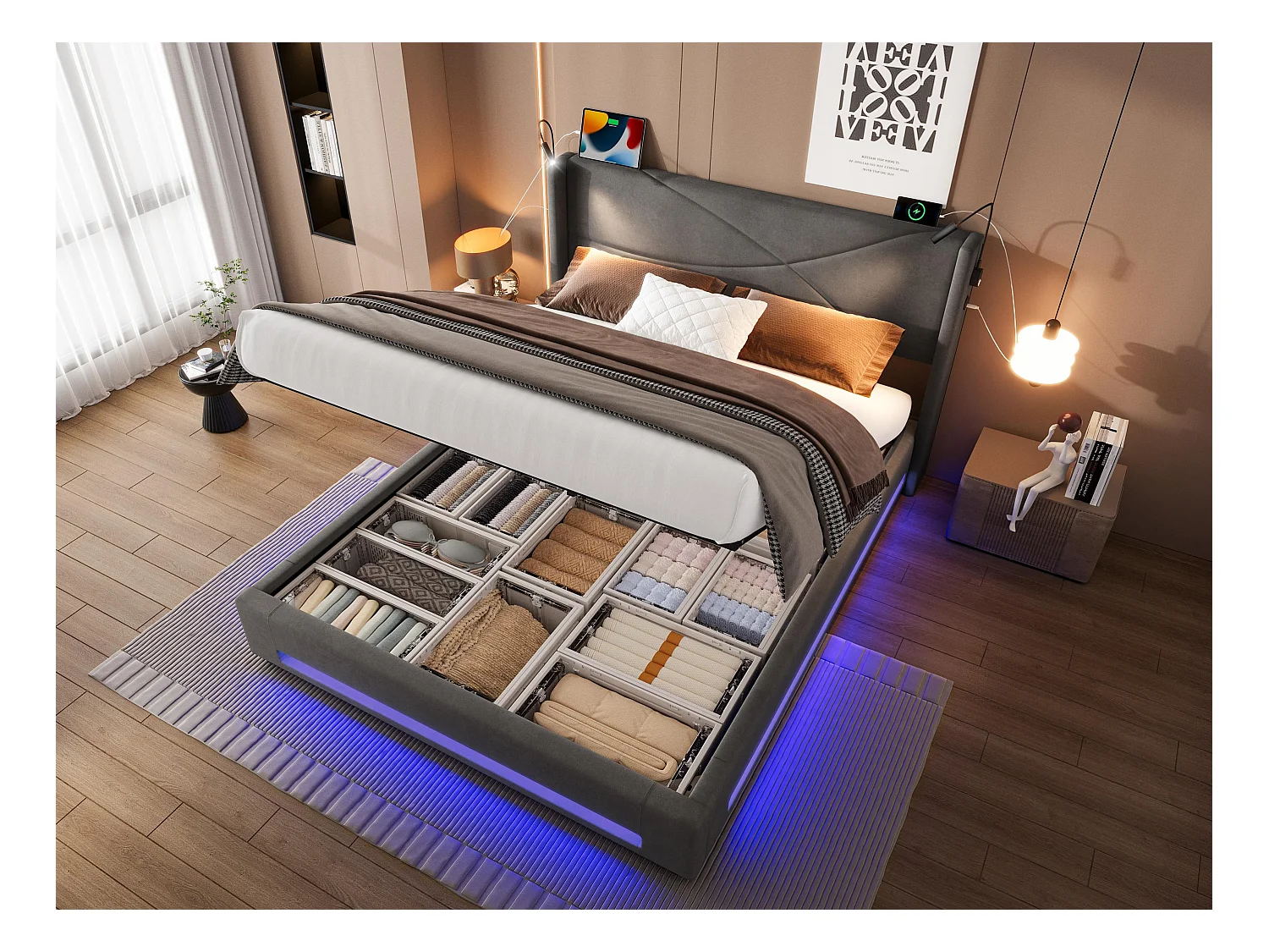 Lit Coffre 160×200 cm - Lit  Rembourré en Velours Gris – Motif Matelassé en Lignes - Lampe de Lecture + LED/USB – Coffre Hydraulique – Style Contemporain