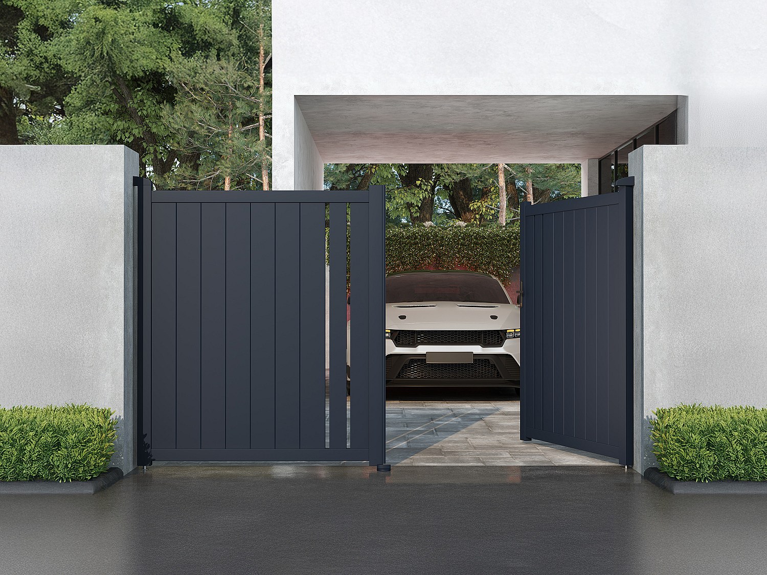 Zweiflügeliges Gartentor halb offen - Aluminium – B309 x H180 cm – Anthrazit – TOROMA
