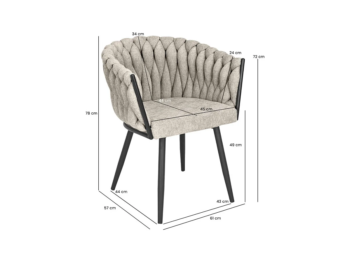 Chaise en tissu maille tressé taupe avec pieds métal noir - BOWI 2