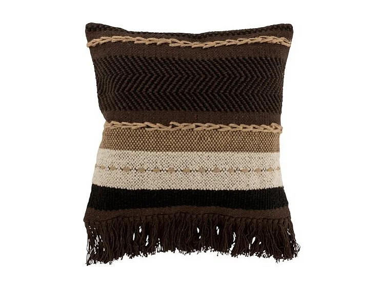 Cojín cuadrado con borde de flecos en algodón marrón de 45x45cm
