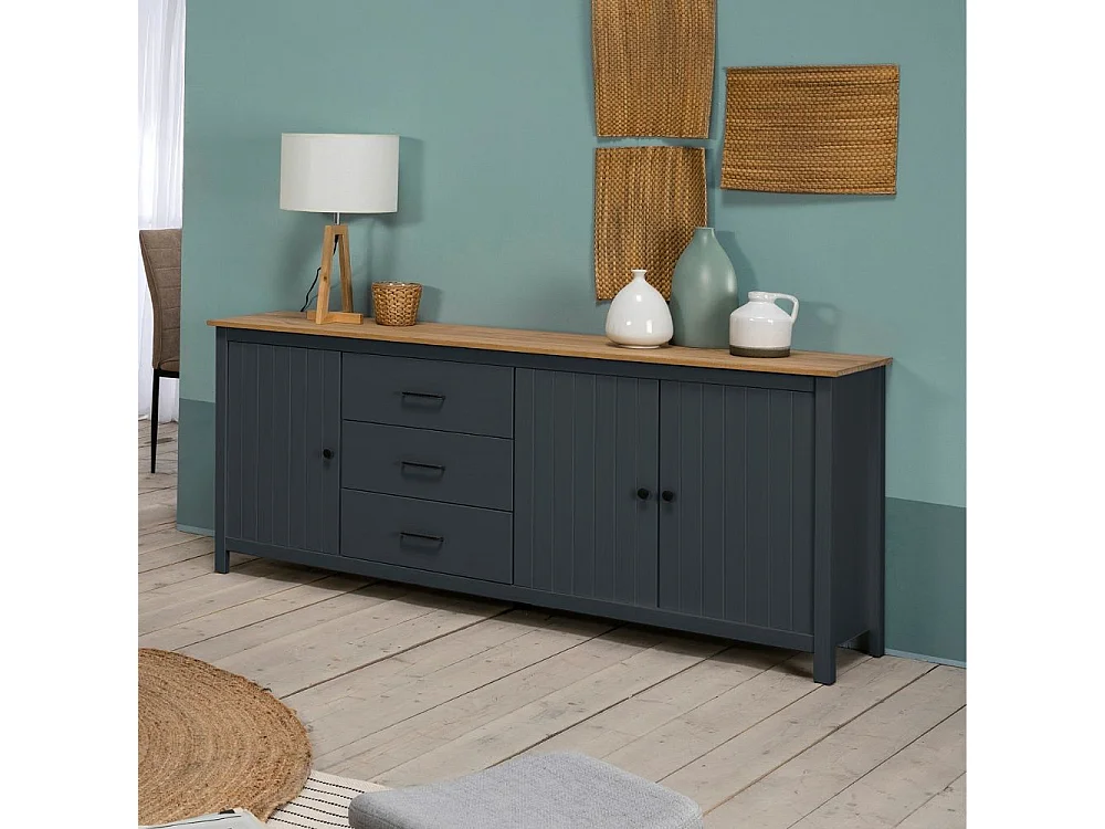 Credenza Miranda in legno massiccio colore blu e pino 191x40x80H - 3 Ante e 3 cassetti