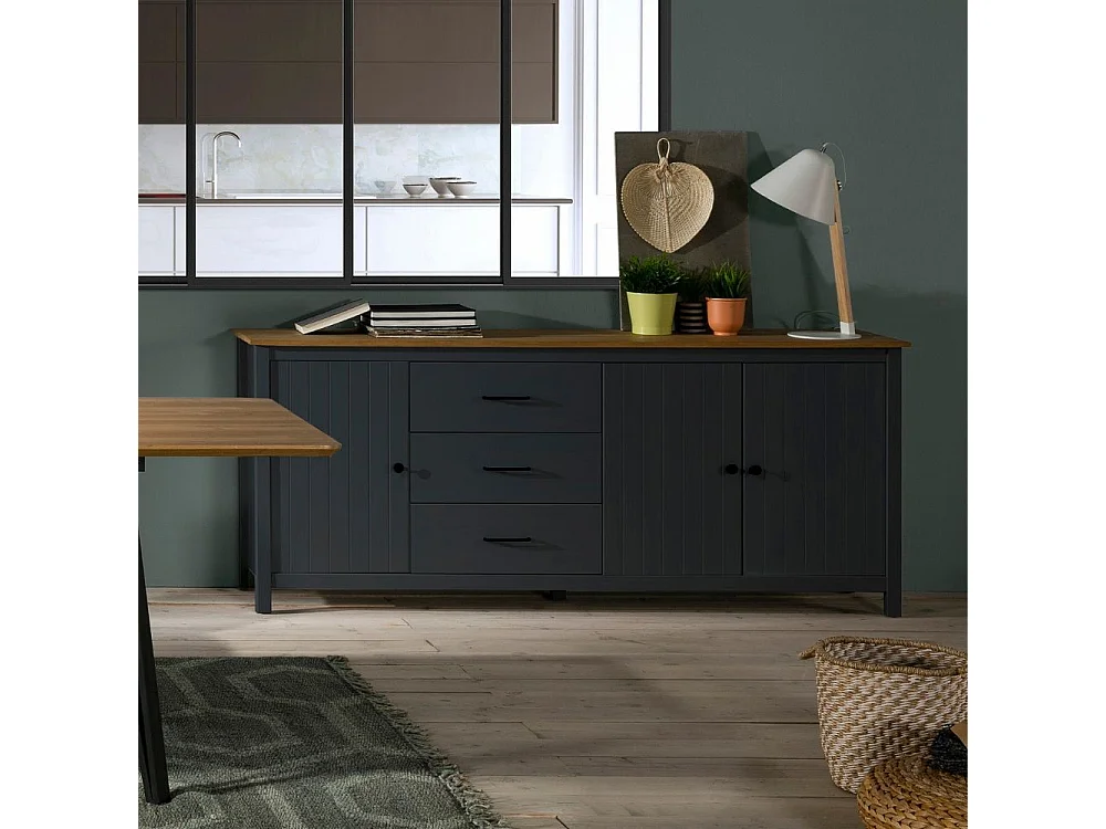 Credenza Miranda in legno massiccio colore blu e pino 191x40x80H - 3 Ante e 3 cassetti