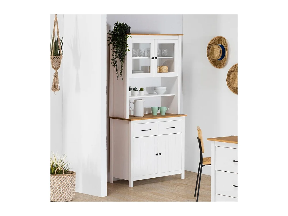 Credenza alta con vetrina Miranda in legno massiccio colore bianco e rovere 90x40x180H - 4 ante e 2 cassetti