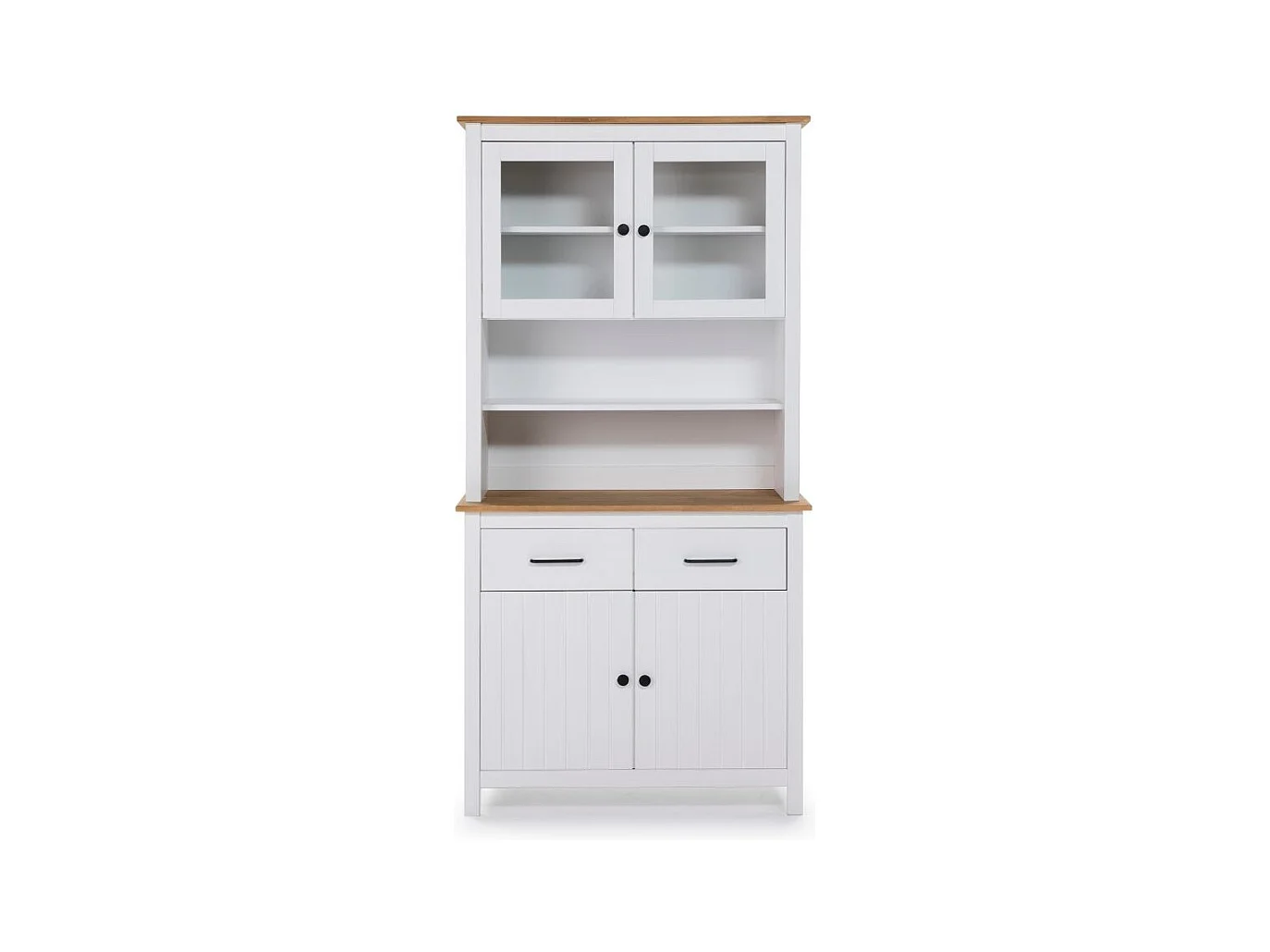 Credenza alta con vetrina Miranda in legno massiccio colore bianco e rovere 90x40x180H - 4 ante e 2 cassetti