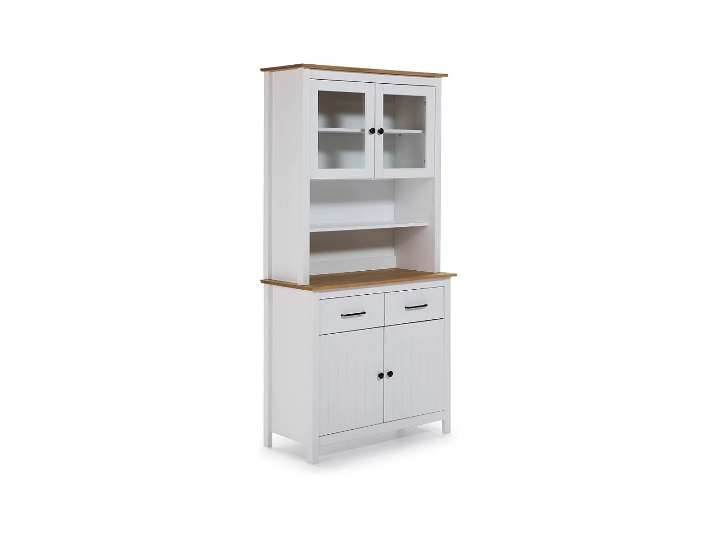 Credenza alta con vetrina Miranda in legno massiccio colore bianco e rovere 90x40x180H - 4 ante e 2 cassetti