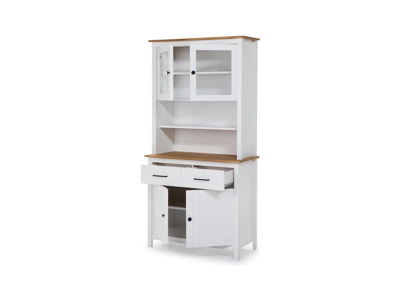 Credenza alta con vetrina Miranda in legno massiccio colore bianco e rovere 90x40x180H - 4 ante e 2 cassetti