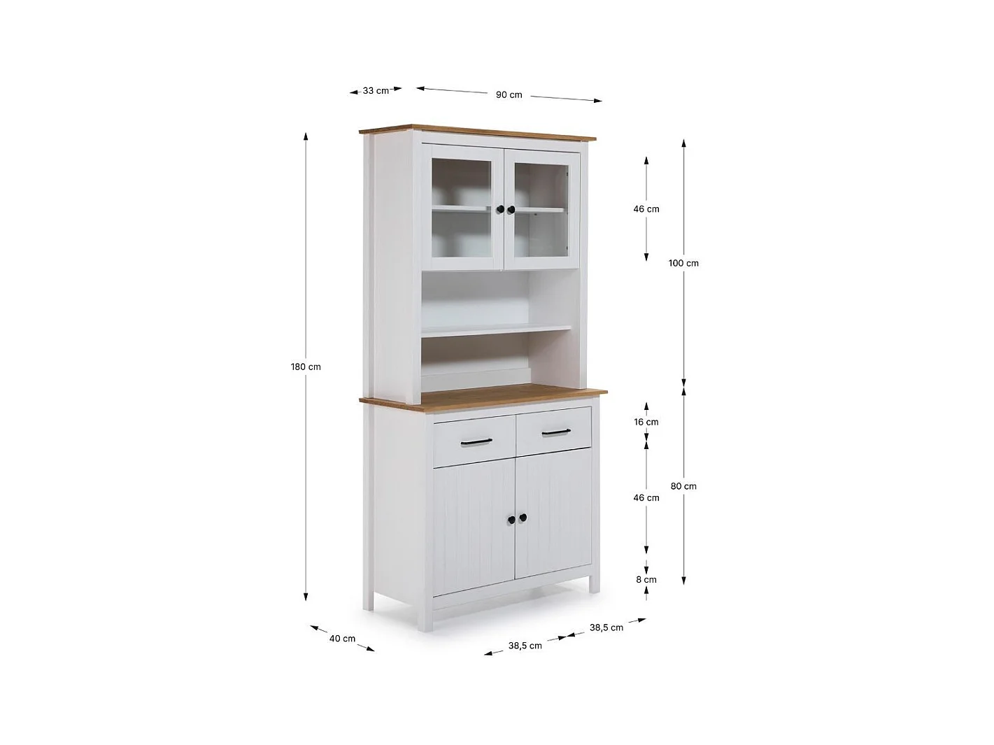 Credenza alta con vetrina Miranda in legno massiccio colore bianco e rovere 90x40x180H - 4 ante e 2 cassetti