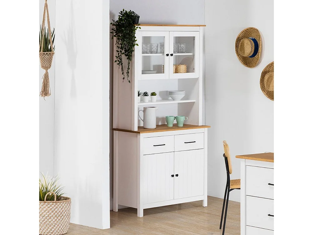 Credenza alta con vetrina Miranda in legno massiccio colore bianco e rovere 90x40x180H - 4 ante e 2 cassetti