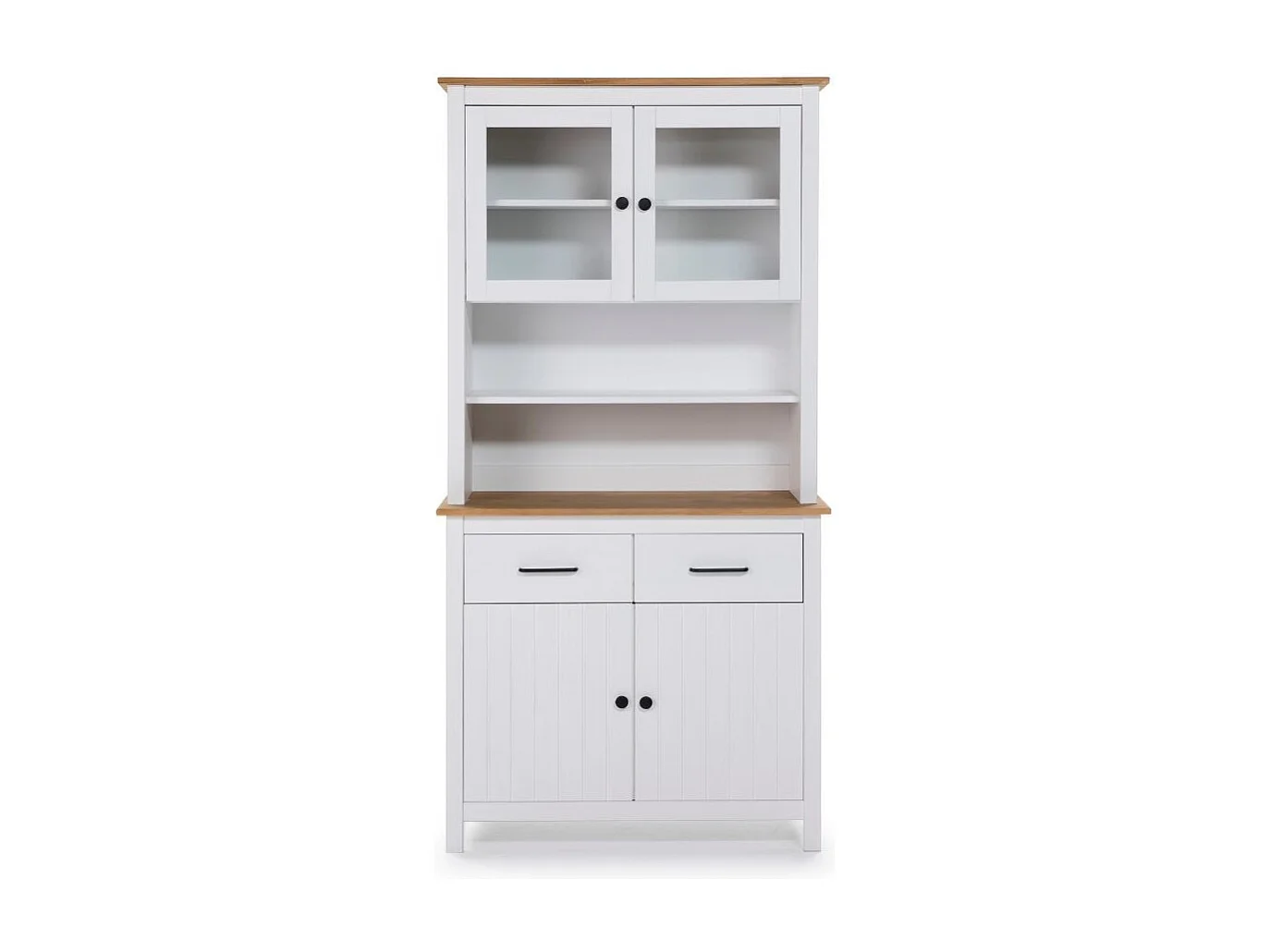 Credenza alta con vetrina Miranda in legno massiccio colore bianco e rovere 90x40x180H - 4 ante e 2 cassetti