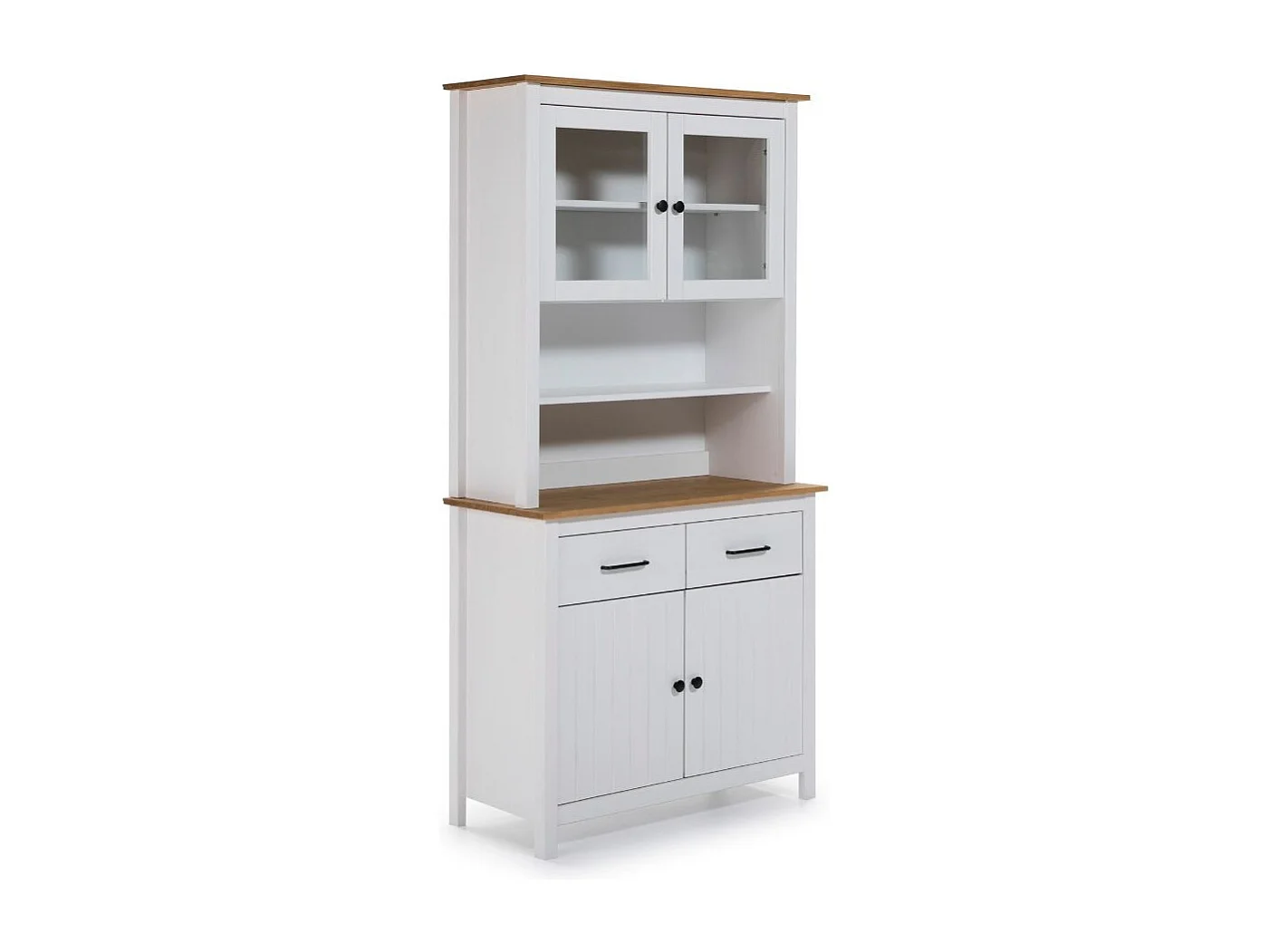 Credenza alta con vetrina Miranda in legno massiccio colore bianco e rovere 90x40x180H - 4 ante e 2 cassetti