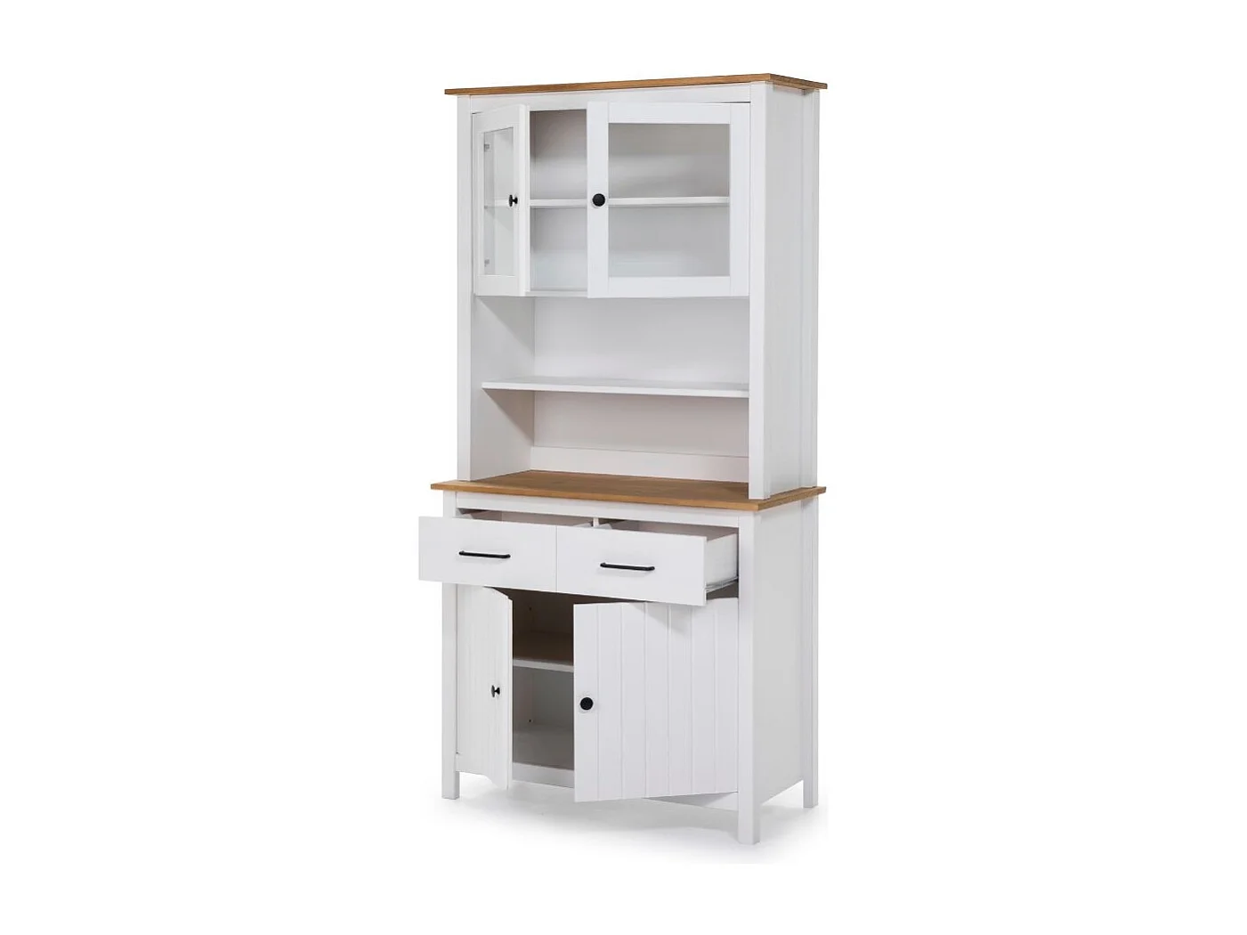 Credenza alta con vetrina Miranda in legno massiccio colore bianco e rovere 90x40x180H - 4 ante e 2 cassetti
