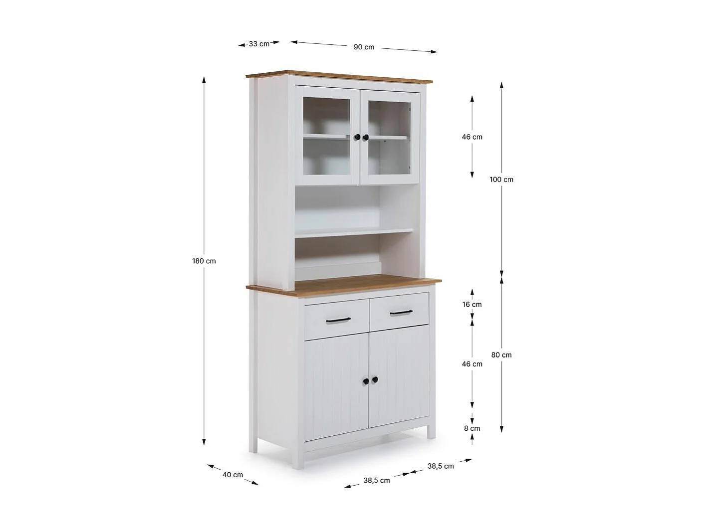 Credenza alta con vetrina Miranda in legno massiccio colore bianco e rovere 90x40x180H - 4 ante e 2 cassetti