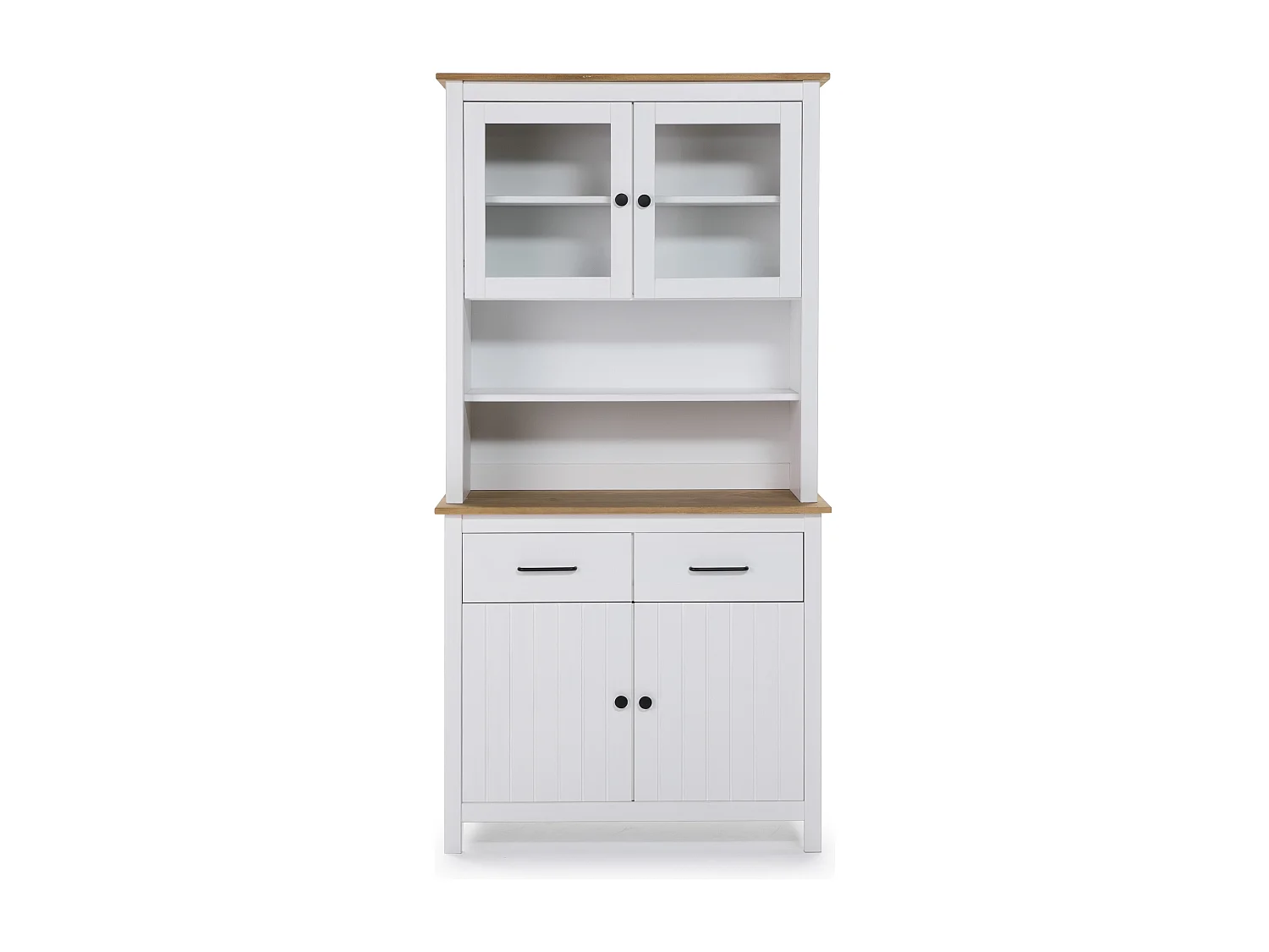 Credenza alta con vetrina Miranda in legno massiccio colore bianco e rovere 90x40x180H - 4 ante e 2 cassetti