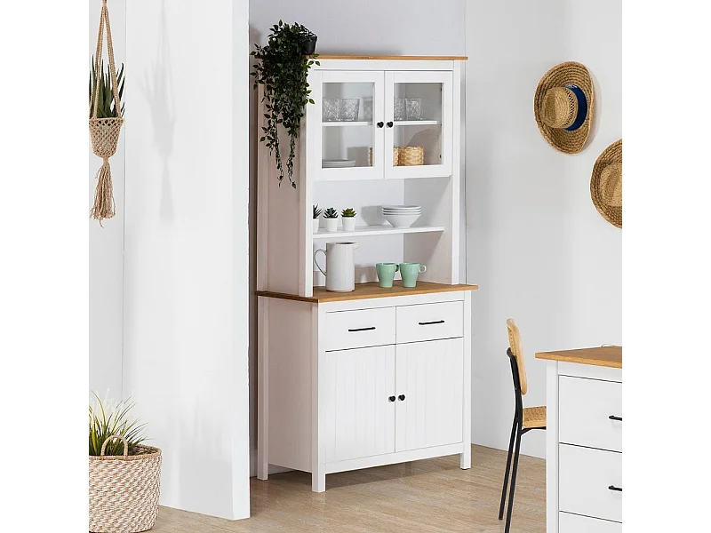 Credenza alta con vetrina Miranda in legno massiccio colore bianco e rovere 90x40x180H - 4 ante e 2 cassetti