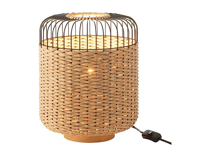 Lámpara de sobremesa de metal y fibra beige 27x27x34.5 cm