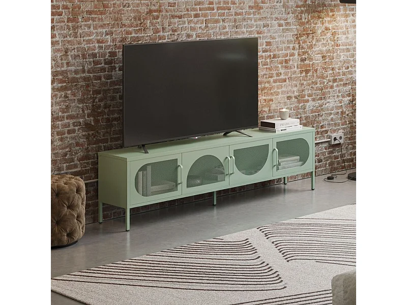Porta TV in metallo Tayra con 4 ante reticolate verde menta 180x35x50H – Stile moderno e anima industrial