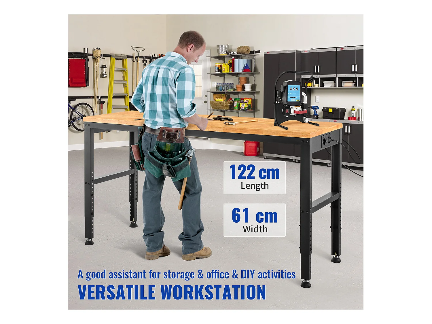 Établi Table de Travail Réglable SucceBuy, 122x 61x 97cm, avec Prise de Courant, pour Bureau, Maison, Garage