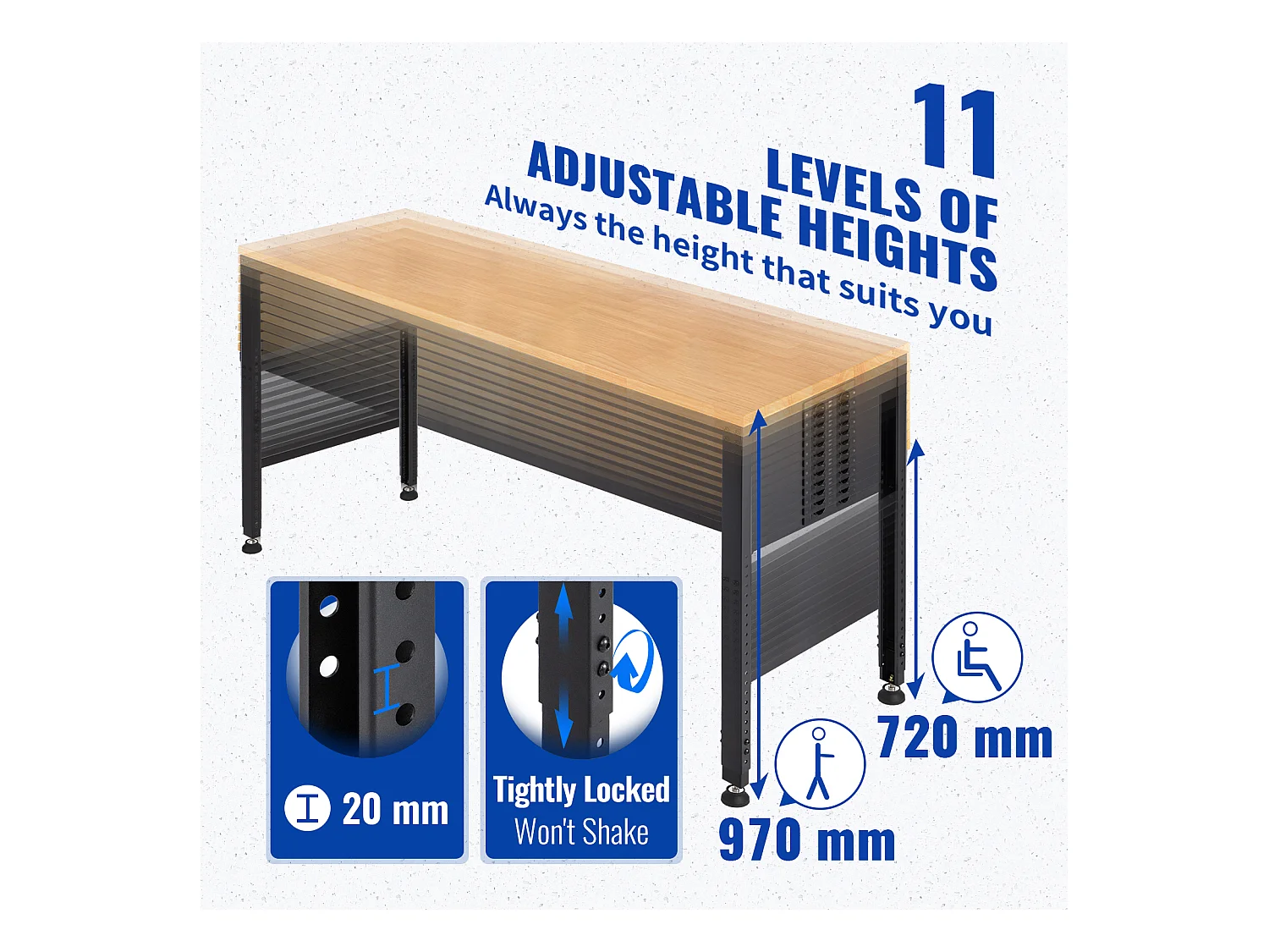Établi Table de Travail Réglable SucceBuy, 122x 61x 97cm, avec Prise de Courant, pour Bureau, Maison, Garage