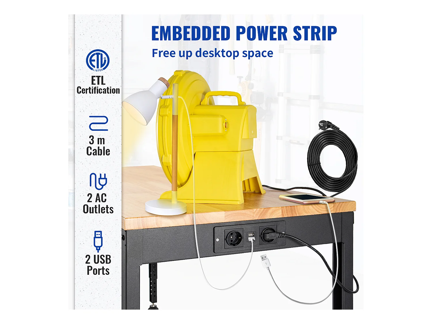 Établi Table de Travail Réglable SucceBuy, 122x 61x 97cm, avec Prise de Courant, pour Bureau, Maison, Garage