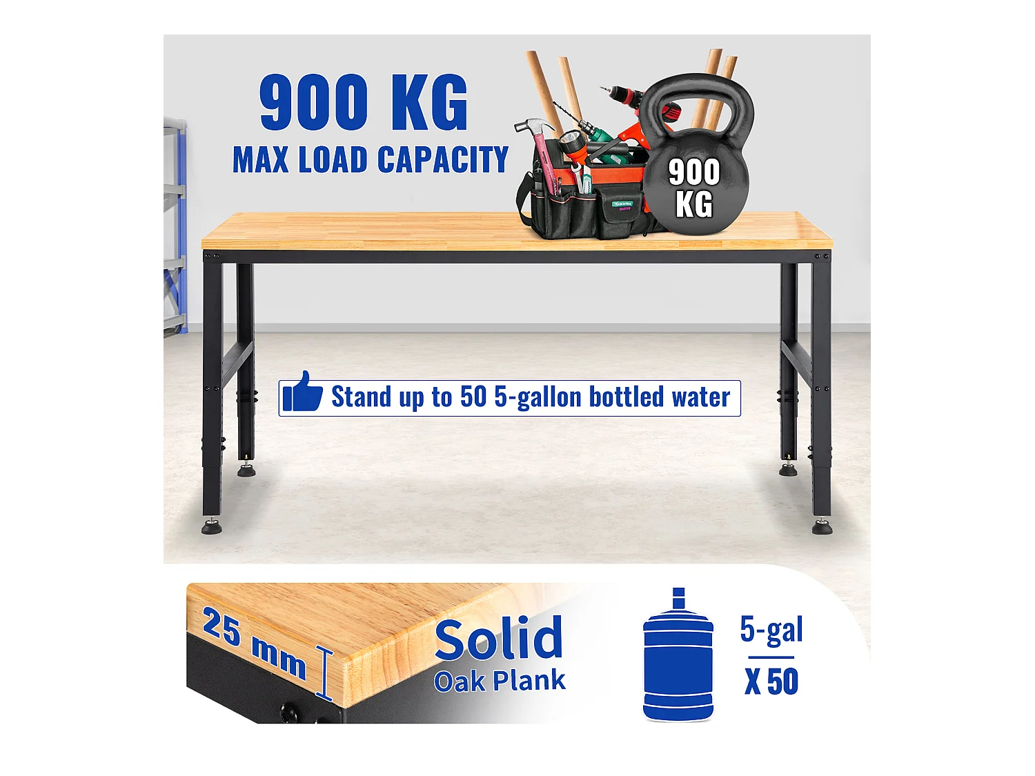 Établi Table de Travail Réglable SucceBuy, 122x 61x 97cm, avec Prise de Courant, pour Bureau, Maison, Garage