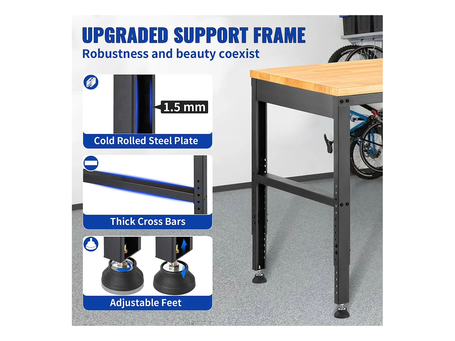 Établi Table de Travail Réglable SucceBuy, 122x 61x 97cm, avec Prise de Courant, pour Bureau, Maison, Garage
