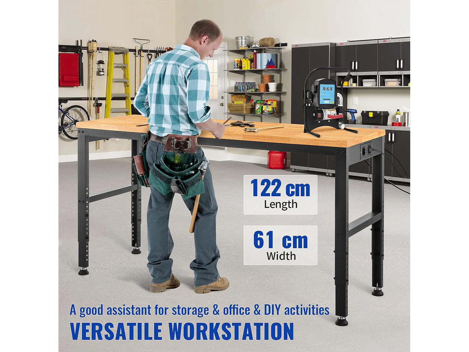 Établi Table de Travail Réglable SucceBuy, 122x 61x 97cm, avec Prise de Courant, pour Bureau, Maison, Garage
