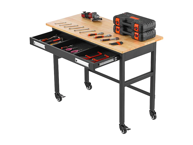 Établi Table sur Roulettes SucceBuy avec Tiroir, 122 cm, Capacité de Charge de 680 kg, avec Plateau en Bois