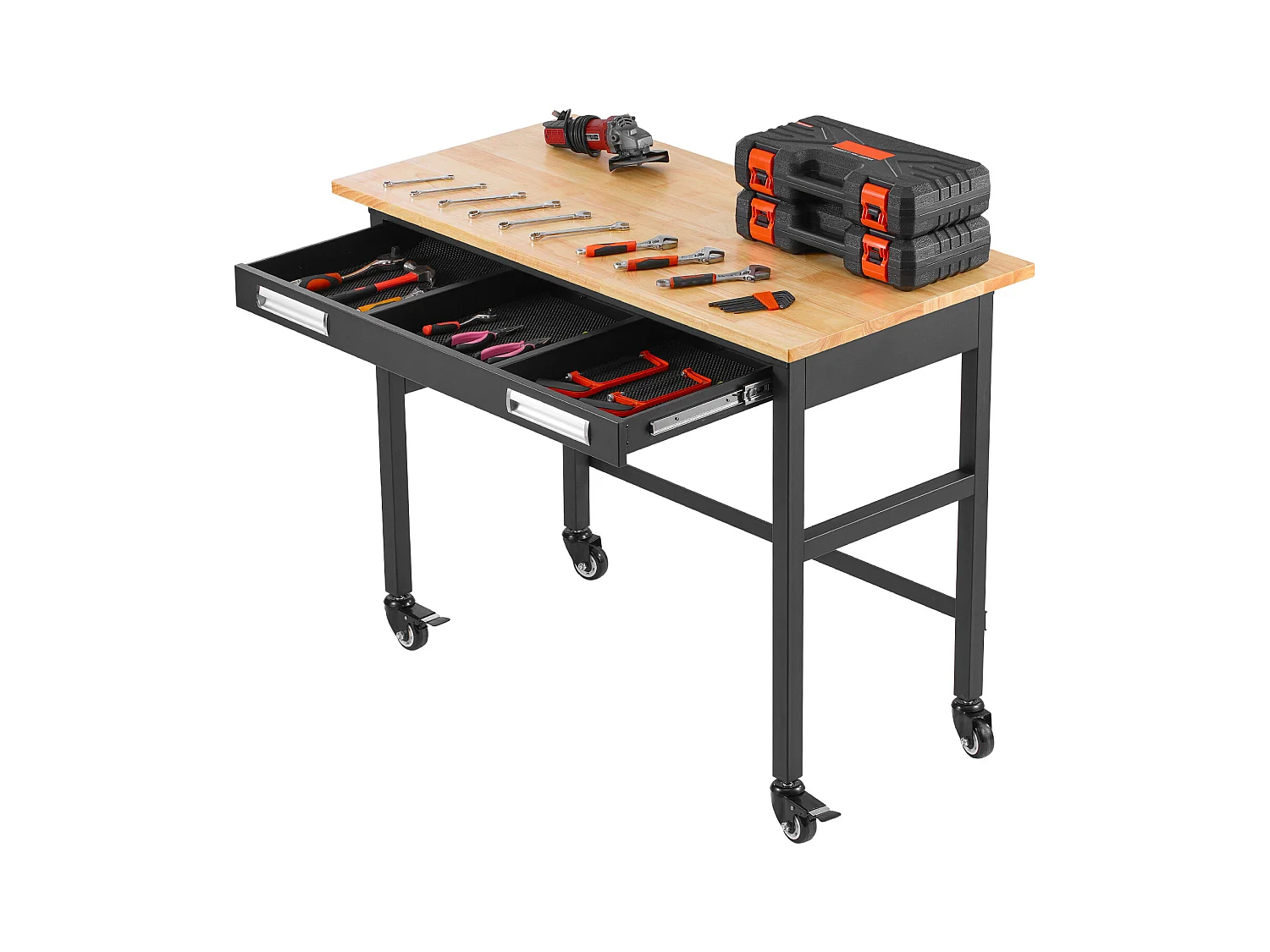 Établi Table sur Roulettes SucceBuy avec Tiroir, 122 cm, Capacité de Charge de 680 kg, avec Plateau en Bois