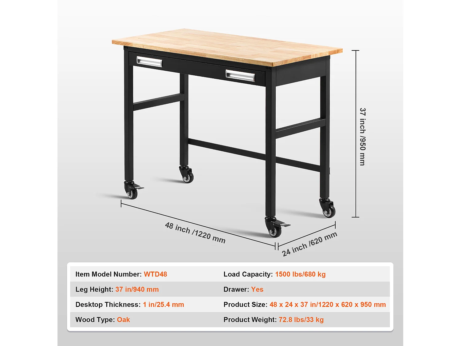 Établi Table sur Roulettes SucceBuy avec Tiroir, 122 cm, Capacité de Charge de 680 kg, avec Plateau en Bois