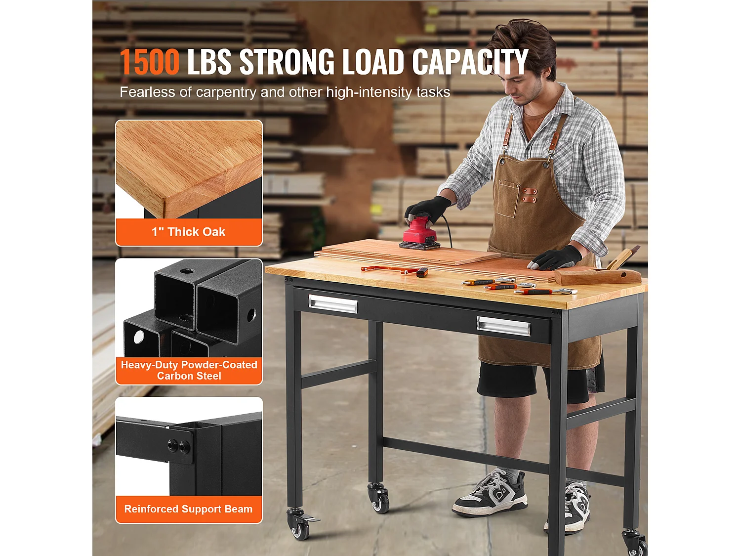 Établi Table sur Roulettes SucceBuy avec Tiroir, 122 cm, Capacité de Charge de 680 kg, avec Plateau en Bois