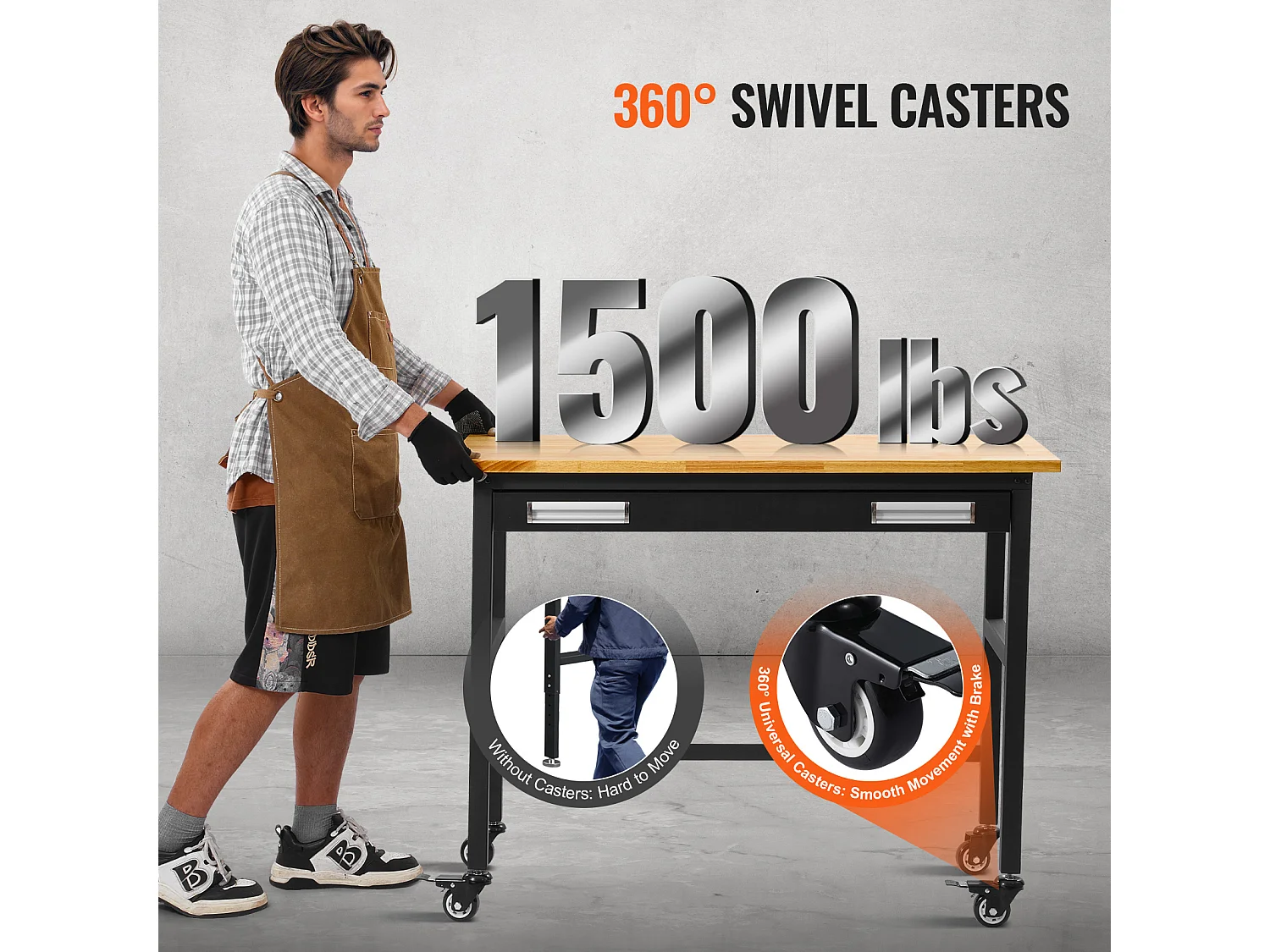 Établi Table sur Roulettes SucceBuy avec Tiroir, 122 cm, Capacité de Charge de 680 kg, avec Plateau en Bois