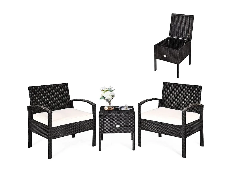 Set di sedie e tavolino in rattan da esterno, Set da giardino con cuscini rimovibili tavolino contenitore Beige