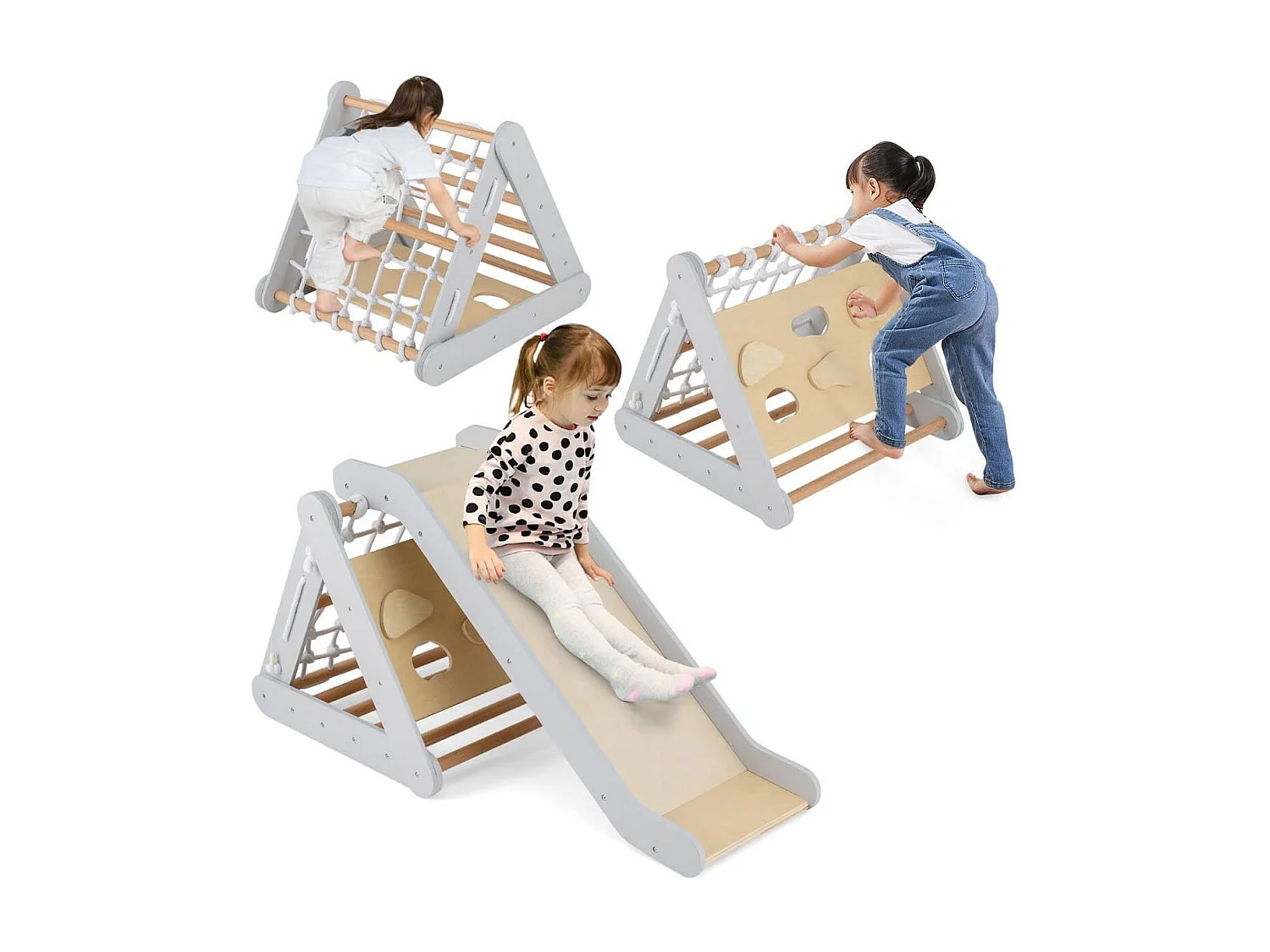 Arrampicata in legno per bambini 4-in-1 con scivolo, Arrampicata a triangolo per interni con rete Grigio