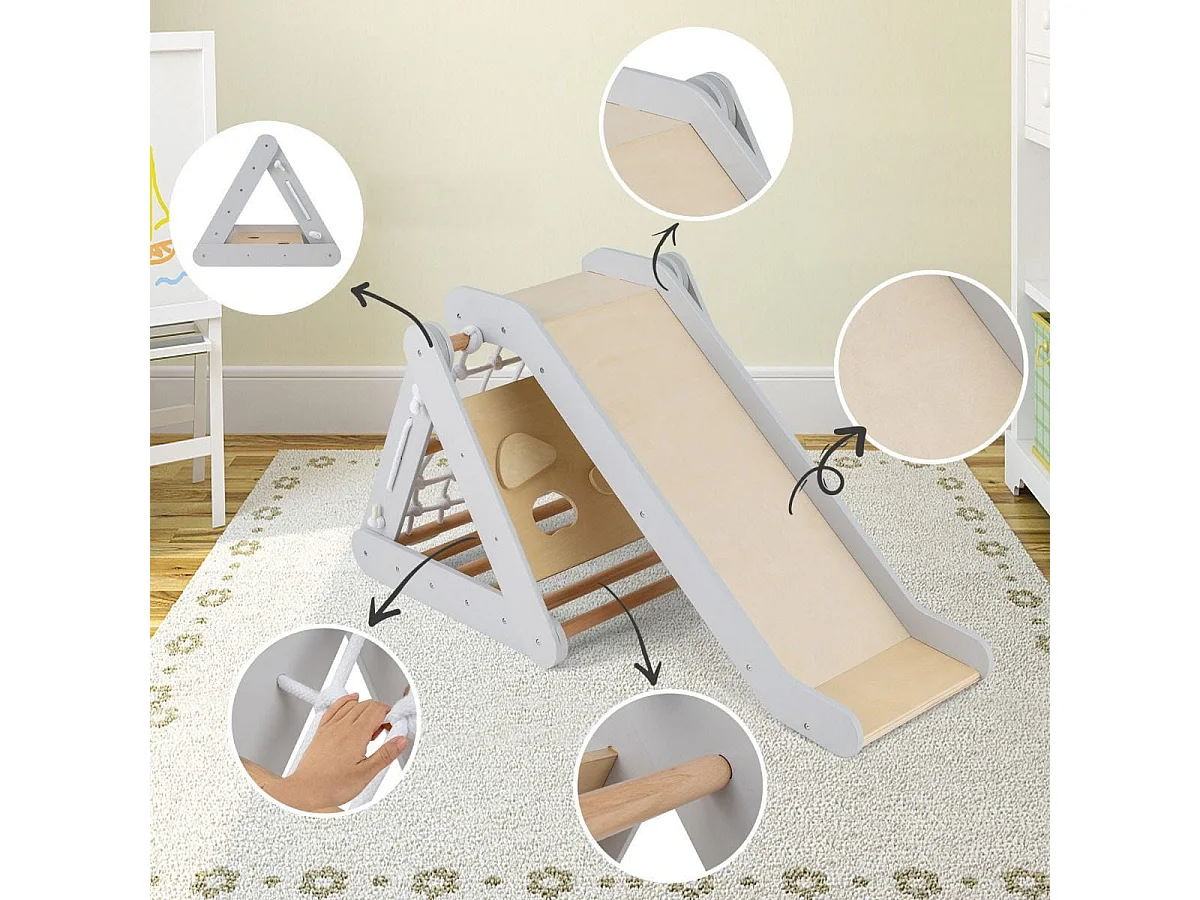 Arrampicata in legno per bambini 4-in-1 con scivolo, Arrampicata a triangolo per interni con rete Grigio