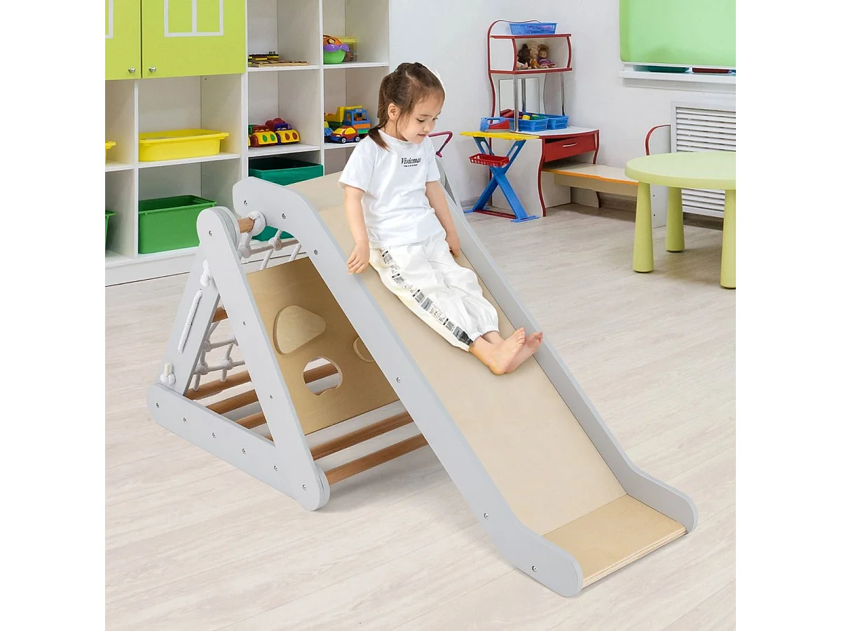 Arrampicata in legno per bambini 4-in-1 con scivolo, Arrampicata a triangolo per interni con rete Grigio