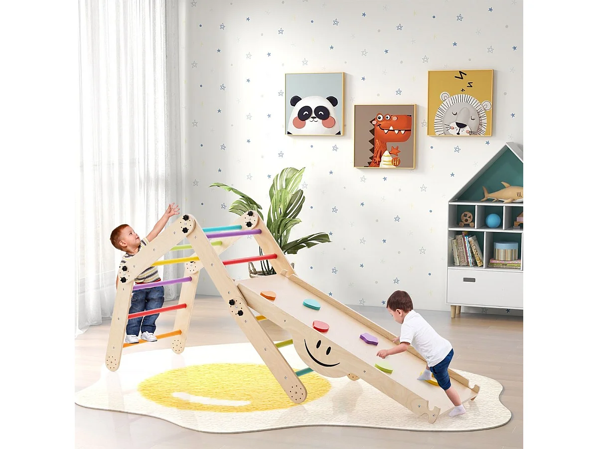 Ensemble d'Escalade Montessori pour Tout-petits Jouets d'Escalade Pliables en Bois Rampe Bascule Réglable et Réversible Rochers Colorés