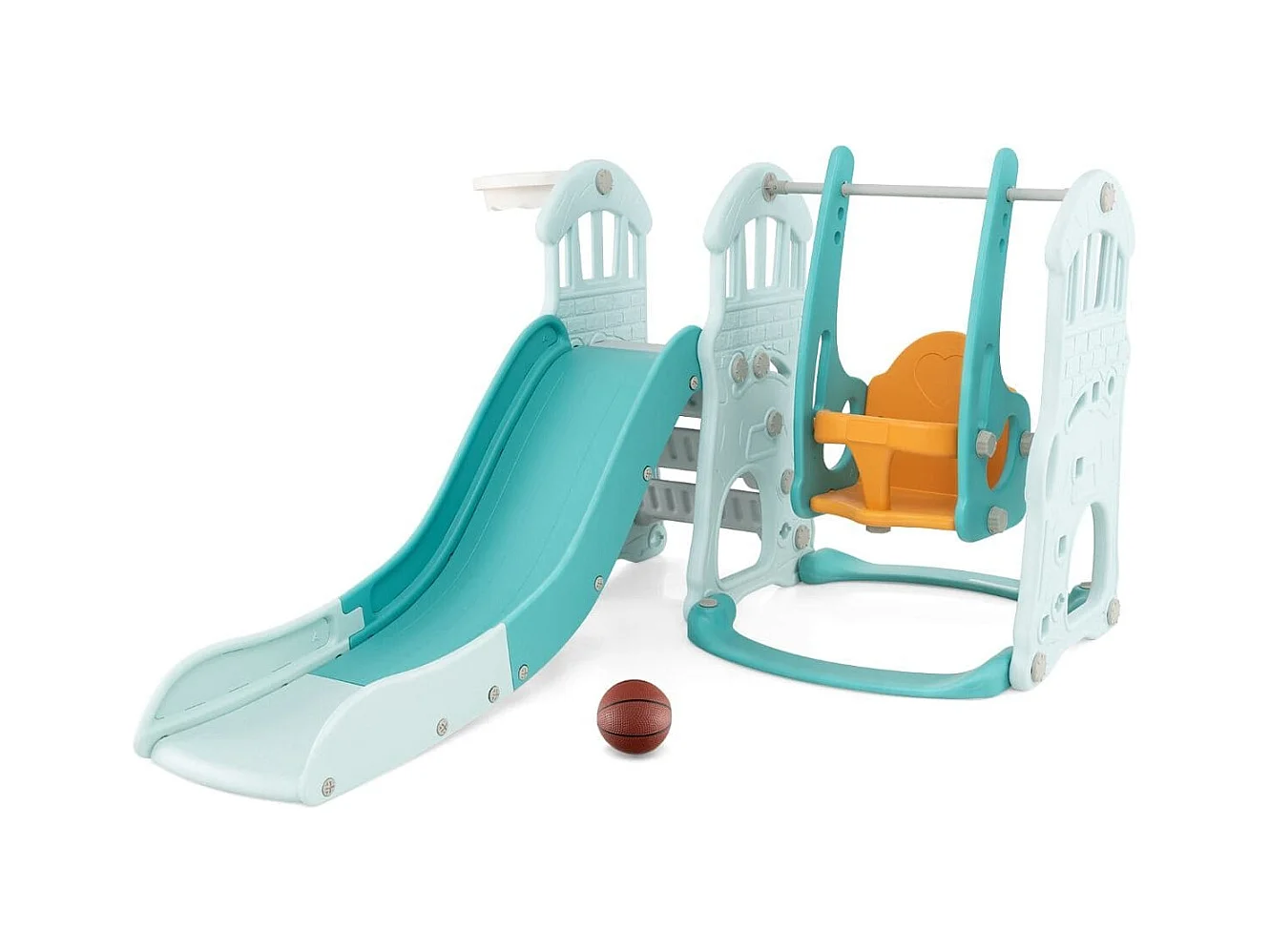 Ensemble de Toboggan et Balançoire pour 18 Mois+ 4 en 1 Toboggan Extra-long Balançoire Réglable en Hauteur Panier de Basket Grimpeur Bleu