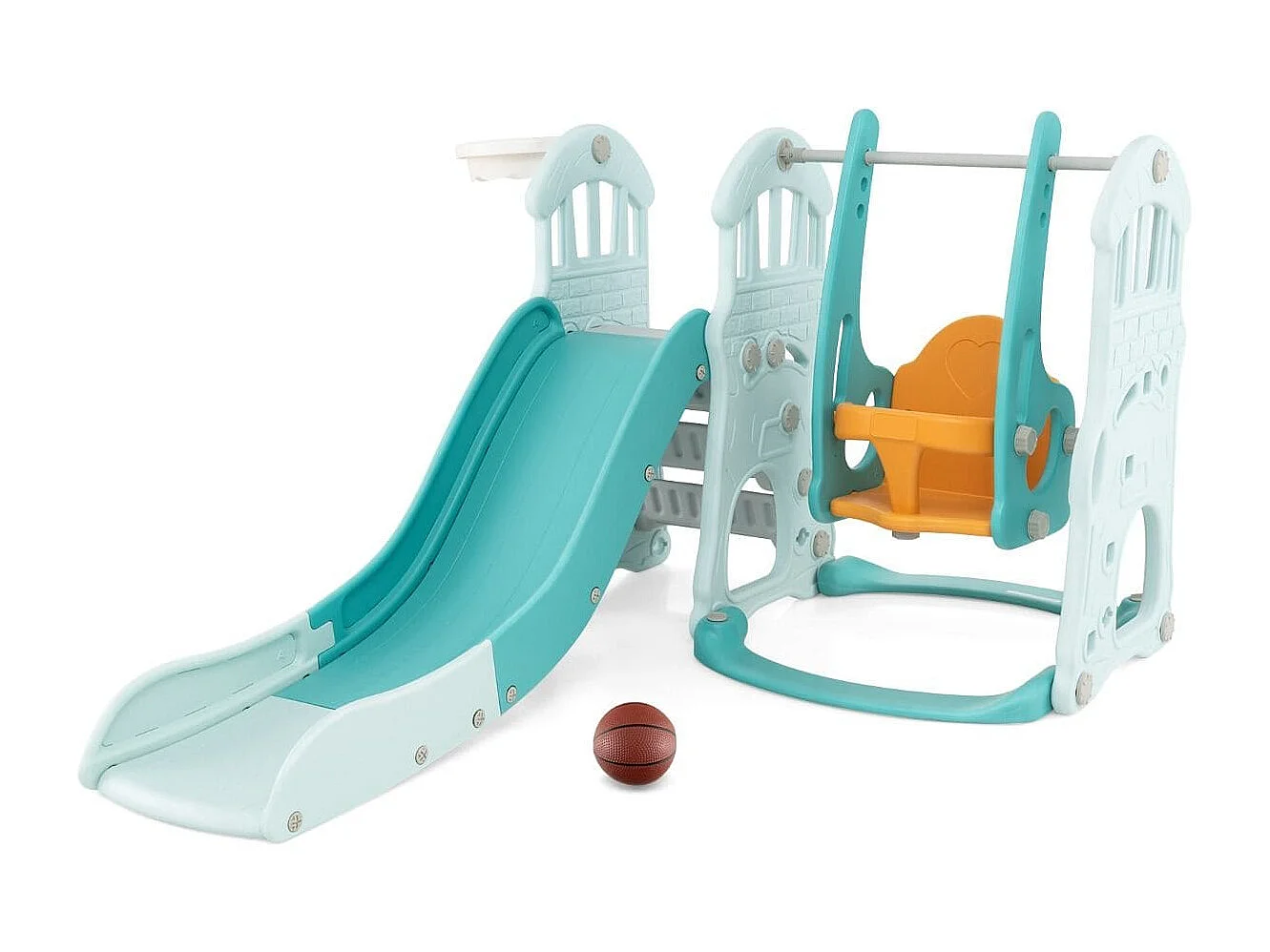 Kinderschaukel mit höhenverstellbarer Babyrutsche 4 in 1 Schaukel & Rutsche & Basketballkorb & Leiter Grün