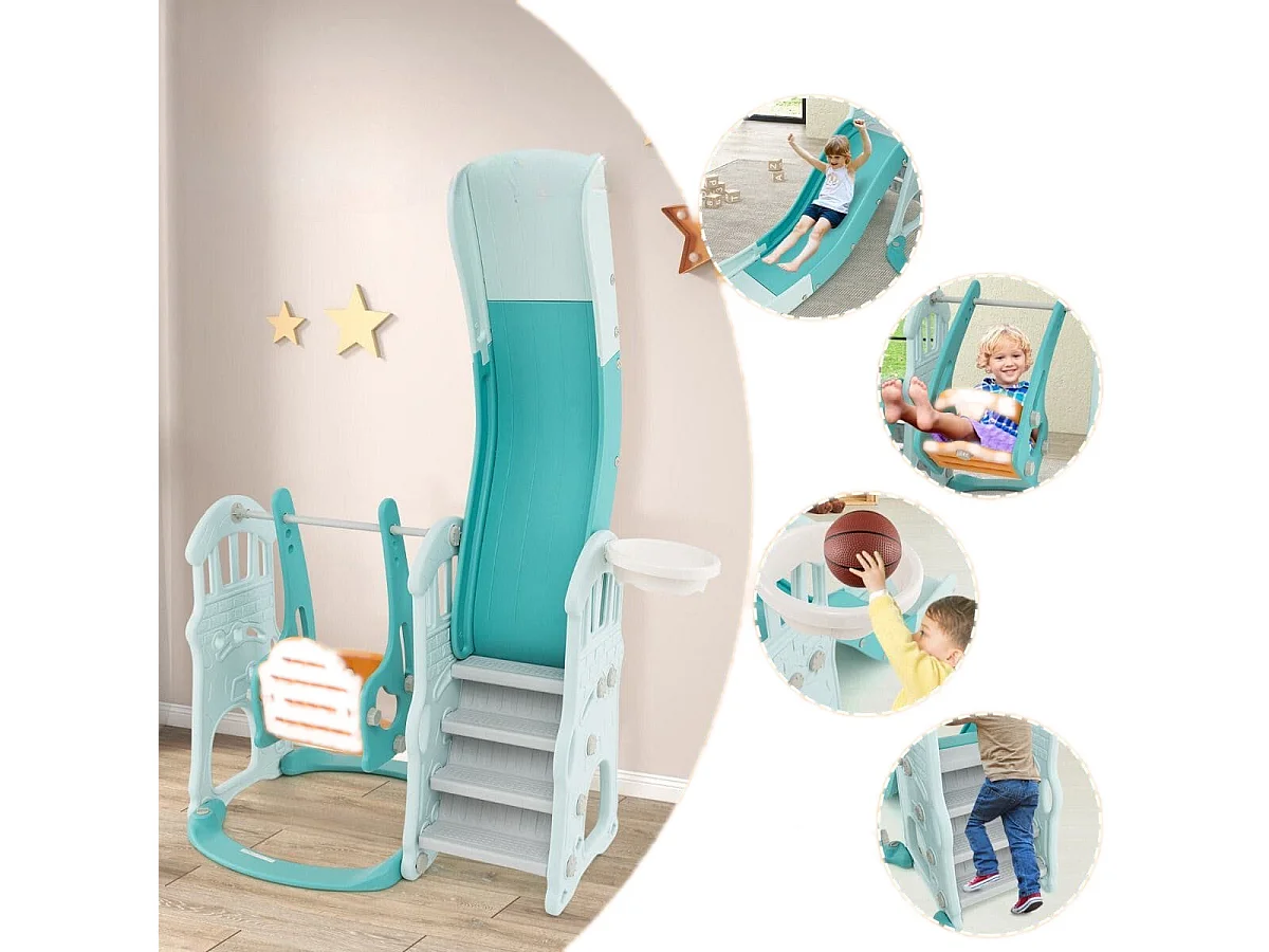 Kinderschaukel mit höhenverstellbarer Babyrutsche 4 in 1 Schaukel & Rutsche & Basketballkorb & Leiter Grün