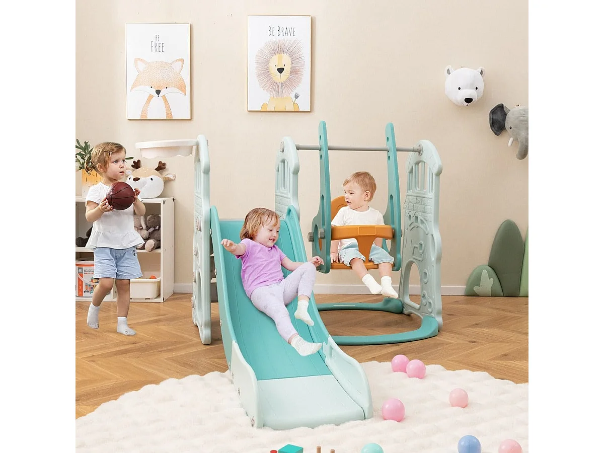 Kinderschaukel mit höhenverstellbarer Babyrutsche 4 in 1 Schaukel & Rutsche & Basketballkorb & Leiter Grün