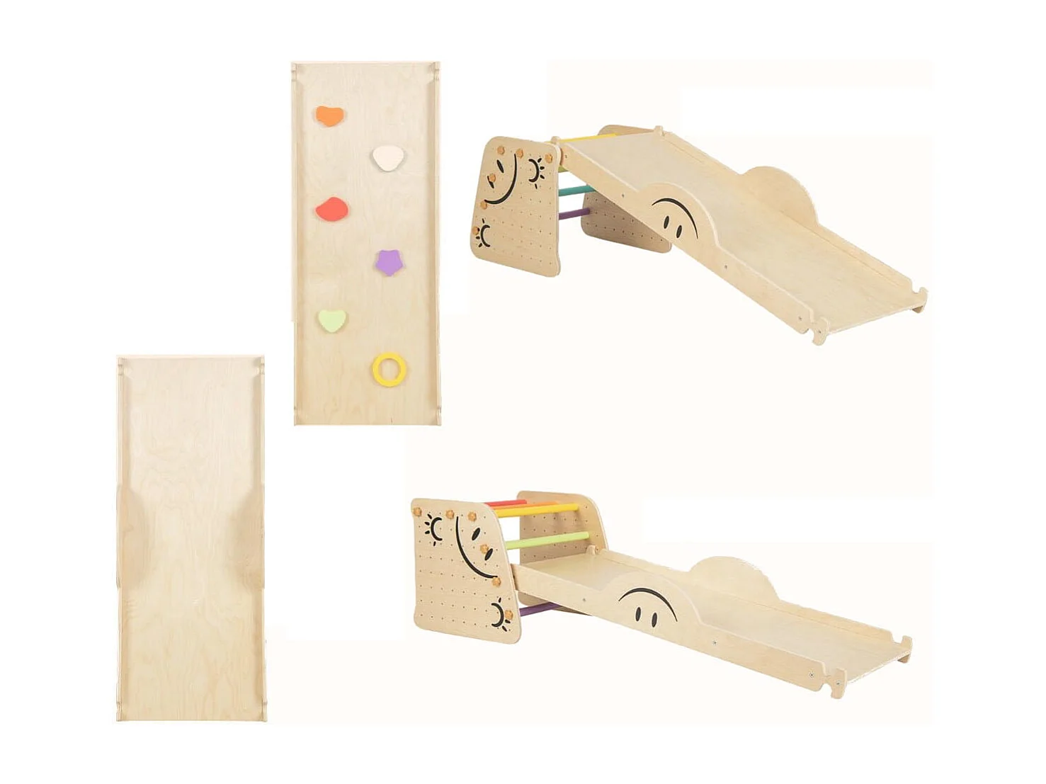 Holzkletterer-Set mit Umkehrbarer Rampe & Wippe & Kletterleiter & Smiley Gesichtsmustern Kletterspielzeug