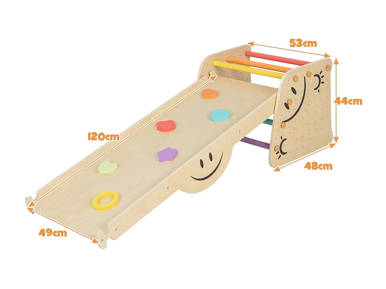 Holzkletterer-Set mit Umkehrbarer Rampe & Wippe & Kletterleiter & Smiley Gesichtsmustern Kletterspielzeug