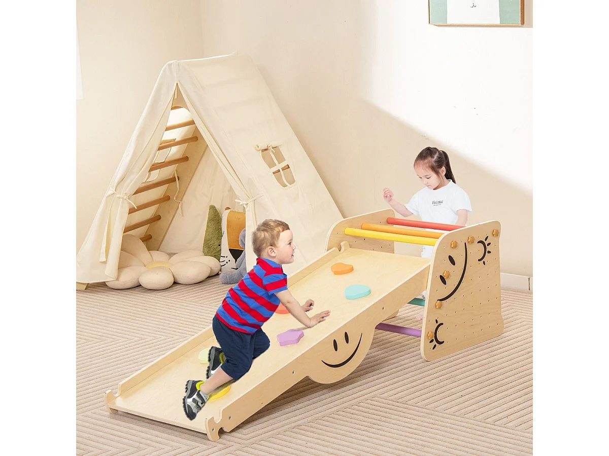 Holzkletterer-Set mit Umkehrbarer Rampe & Wippe & Kletterleiter & Smiley Gesichtsmustern Kletterspielzeug