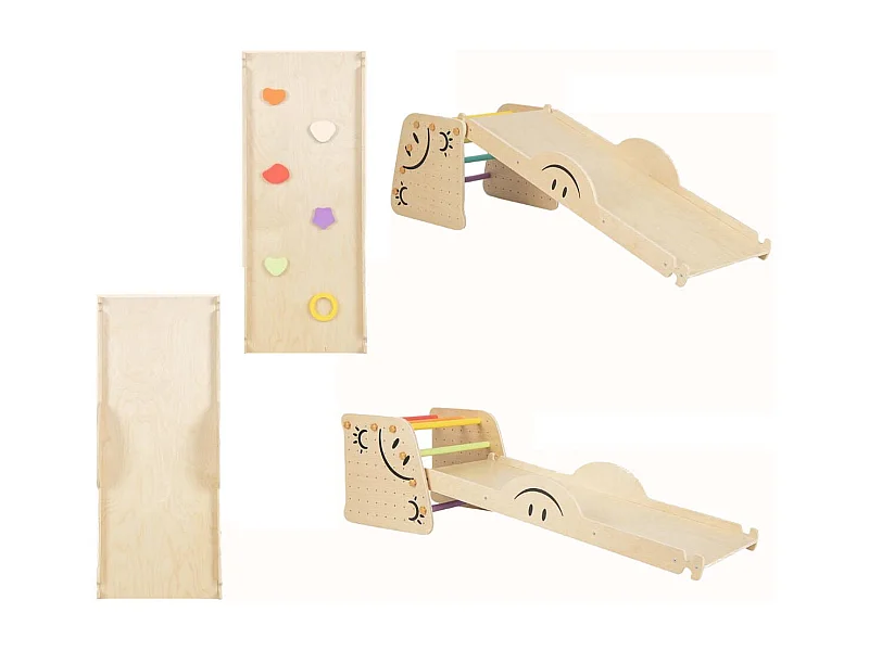 Holzkletterer-Set mit Umkehrbarer Rampe & Wippe & Kletterleiter & Smiley Gesichtsmustern Kletterspielzeug