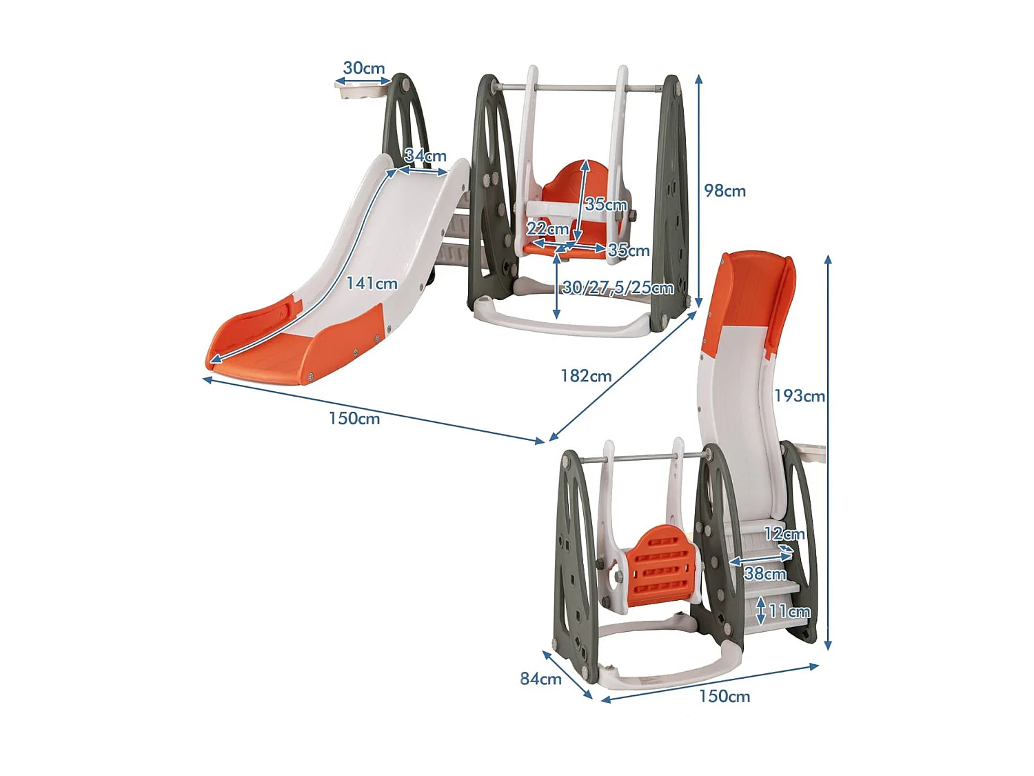 Kinderschaukel mit Rutsche klappbar 4 in 1 Schaukel & Rutsche & Basketballkorb & Leiter Orange