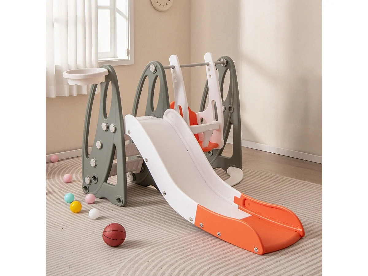 Kinderschaukel mit Rutsche klappbar 4 in 1 Schaukel & Rutsche & Basketballkorb & Leiter Orange