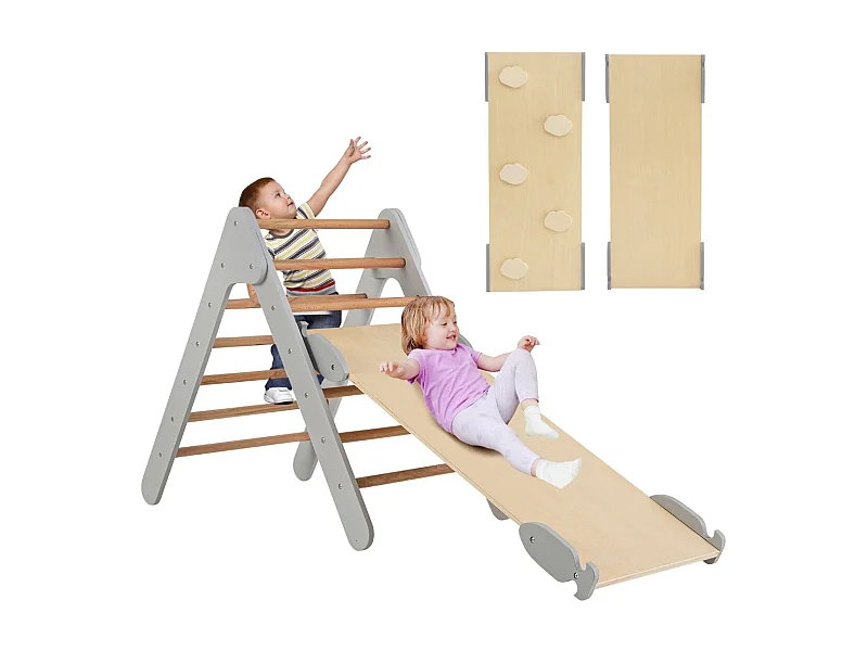 3 en 1 Triangle d'Escalade Enfant en Bois Rampe Double Face à Angle Réglable pour Grimper et Glisser Gris